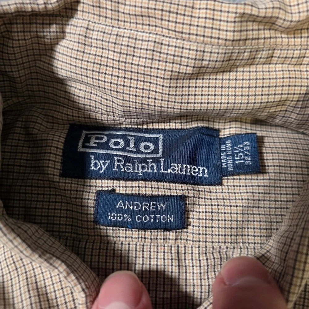Polo Ralph Lauren Mens 15.5 32/33‎ Andrew Shirt Tan Navy Micro-Check Long Sleeve